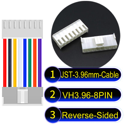 JST VH 8Pin Reverse-Side-Head cable, 3.96mm pitch, 18AWG copper wire, UL1007 certified, ideal for home appliances, automotive, and LED lighting connections.