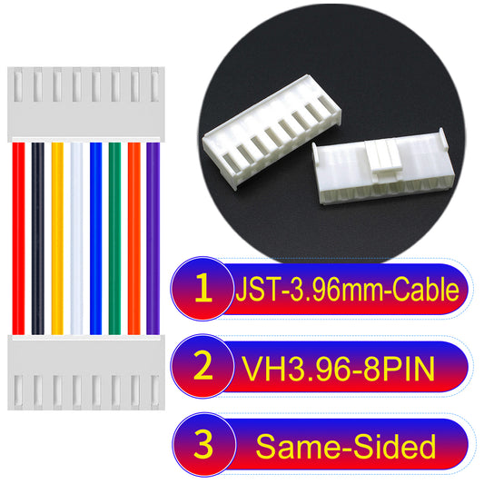 JST VH 3.96mm 8Pin Same-Side-Head cable with 18AWG copper wire and UL1007-certified PVC, suitable for various electrical systems.