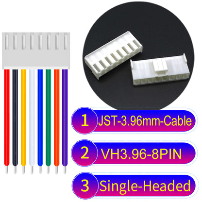 JST VH 3.96mm 8Pin single-headed cable with 18AWG copper wire and UL1007-certified PVC, suitable for various electrical systems.