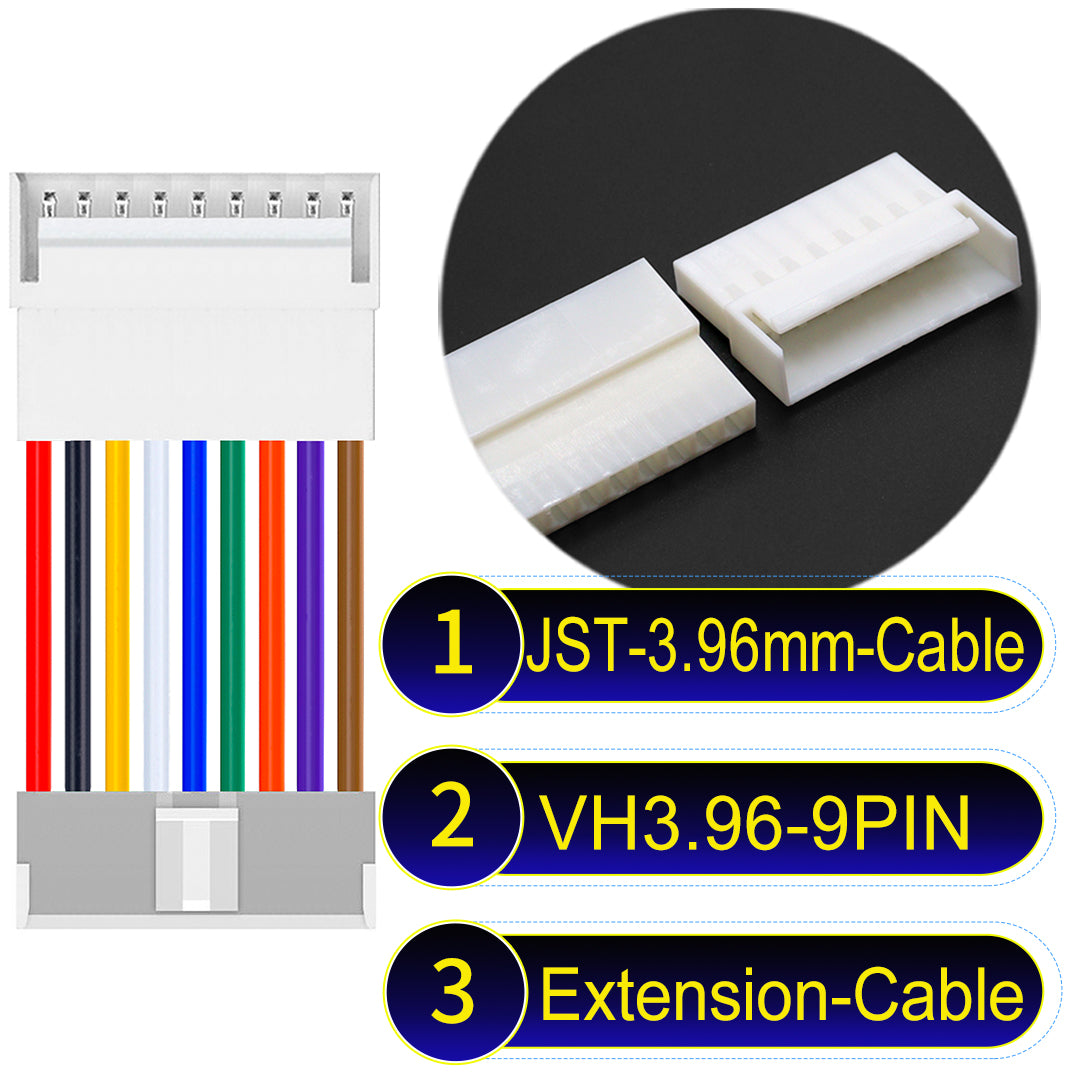 JST VH 9Pin Male Female Extension cable, 3.96mm pitch, 18AWG copper wire, UL1007 certified, ideal for home appliances, automotive, and LED lighting connections.