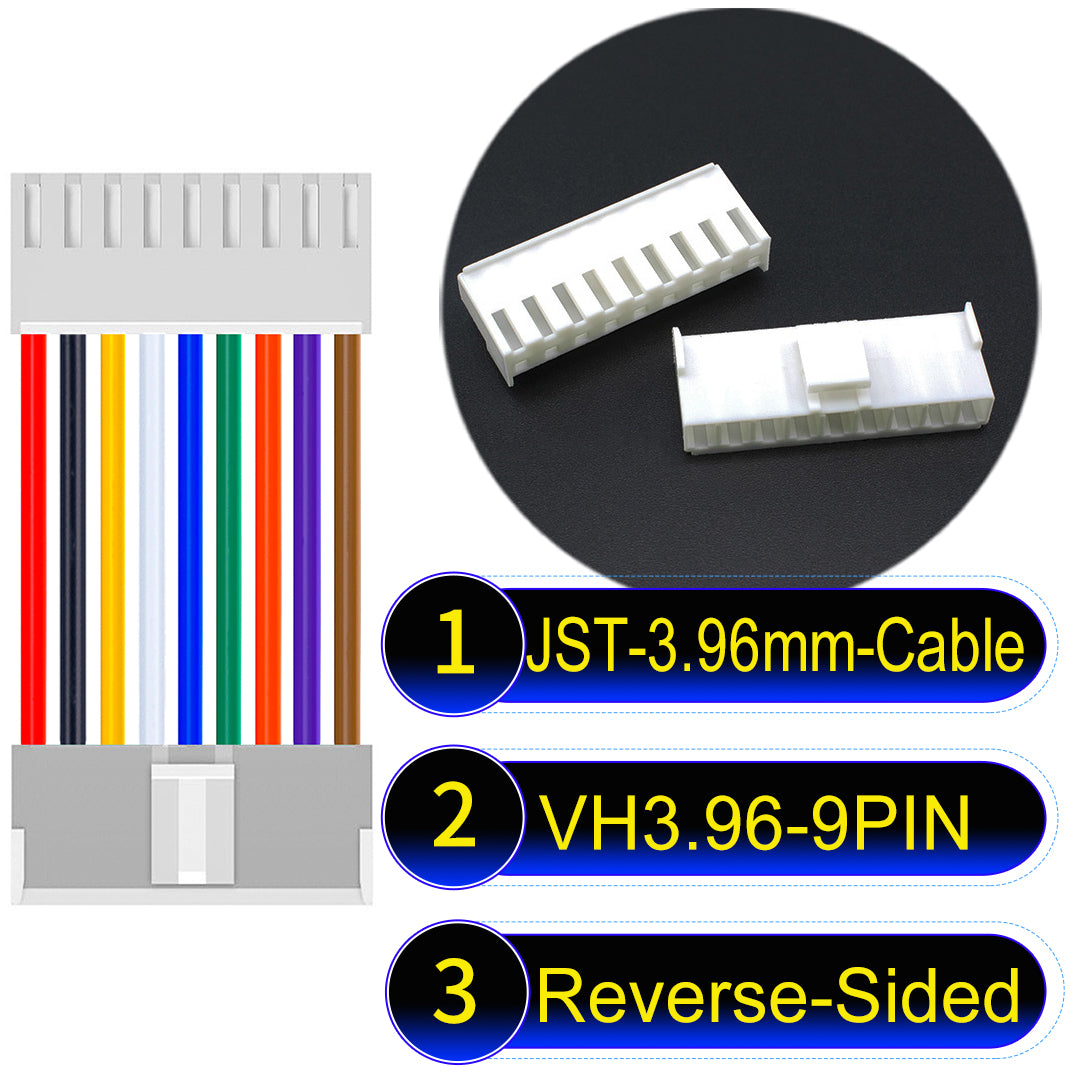 JST VH 9Pin Reverse-Side-Head cable, 3.96mm pitch, 18AWG copper wire, UL1007 certified, ideal for home appliances, automotive, and LED lighting connections.