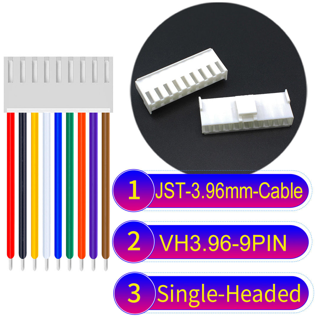 JST VH 3.96mm 9Pin single-headed cable with 18AWG copper wire and UL1007-certified PVC, suitable for various electrical systems.