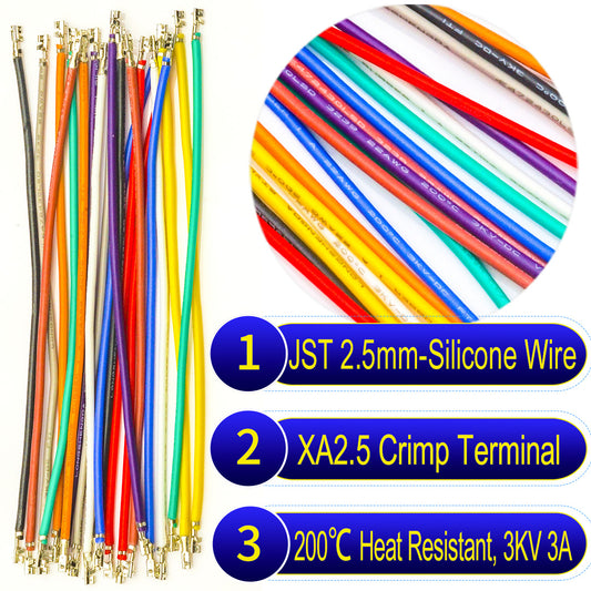 JST XA 2.5mm single-head Pre-Crimped Terminal Silicone Cable (Without Connector), 22AWG UL3239 Soft Wire 200℃ Heat Resistant 3KV 3A
