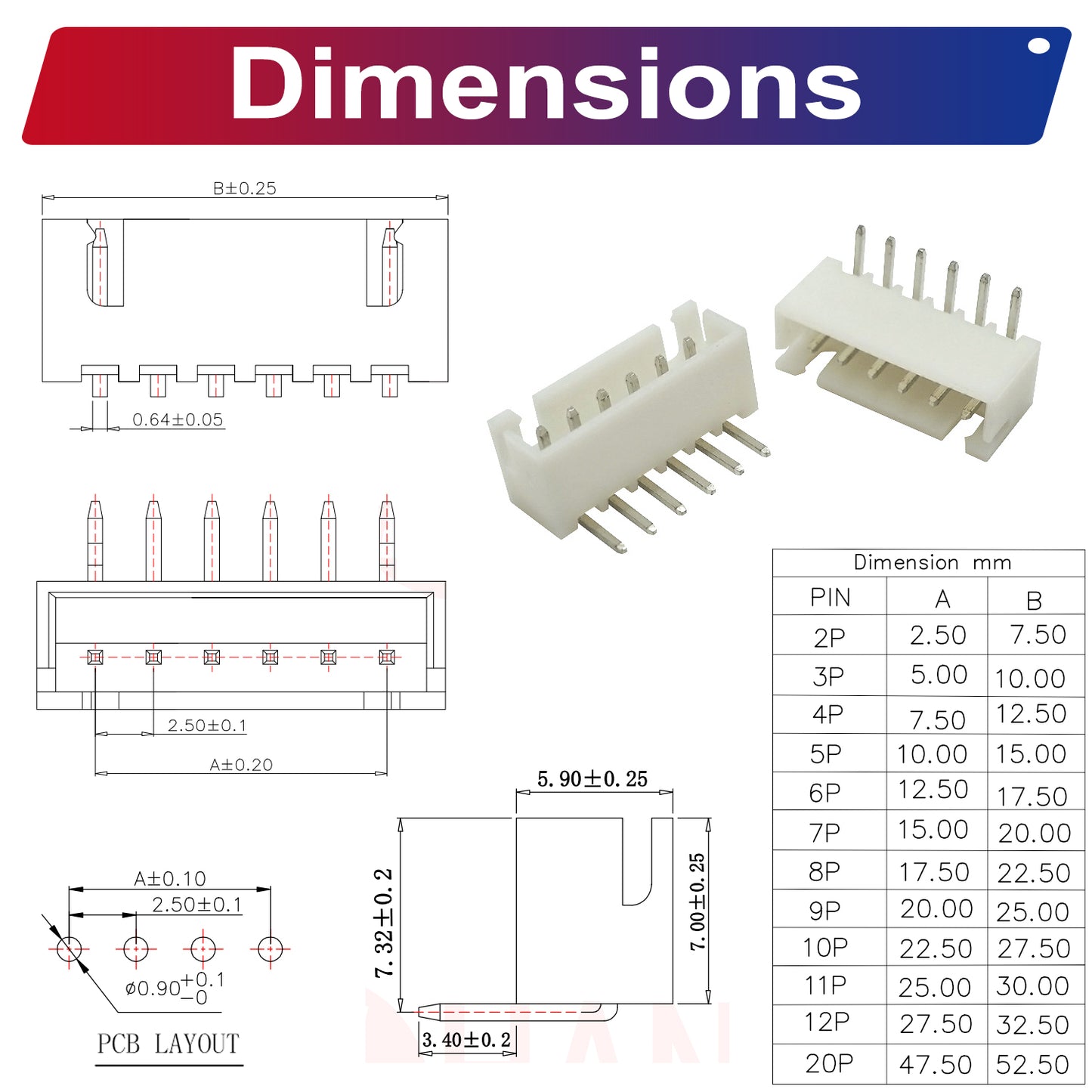 JST_XH2.5mm_2-12Pin_DIP_Right_Angle_Headers_for_Electronics