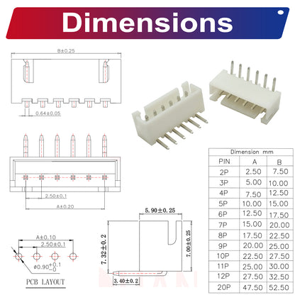 JST_XH2.5mm_2-12Pin_DIP_Right_Angle_Headers_for_Electronics