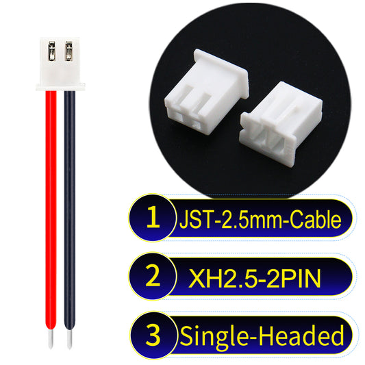 JST XH 2.5mm 2Pin single-headed cable with 22AWG copper wire and UL1007-certified PVC, ideal for home appliances, electrical equipment, etc.