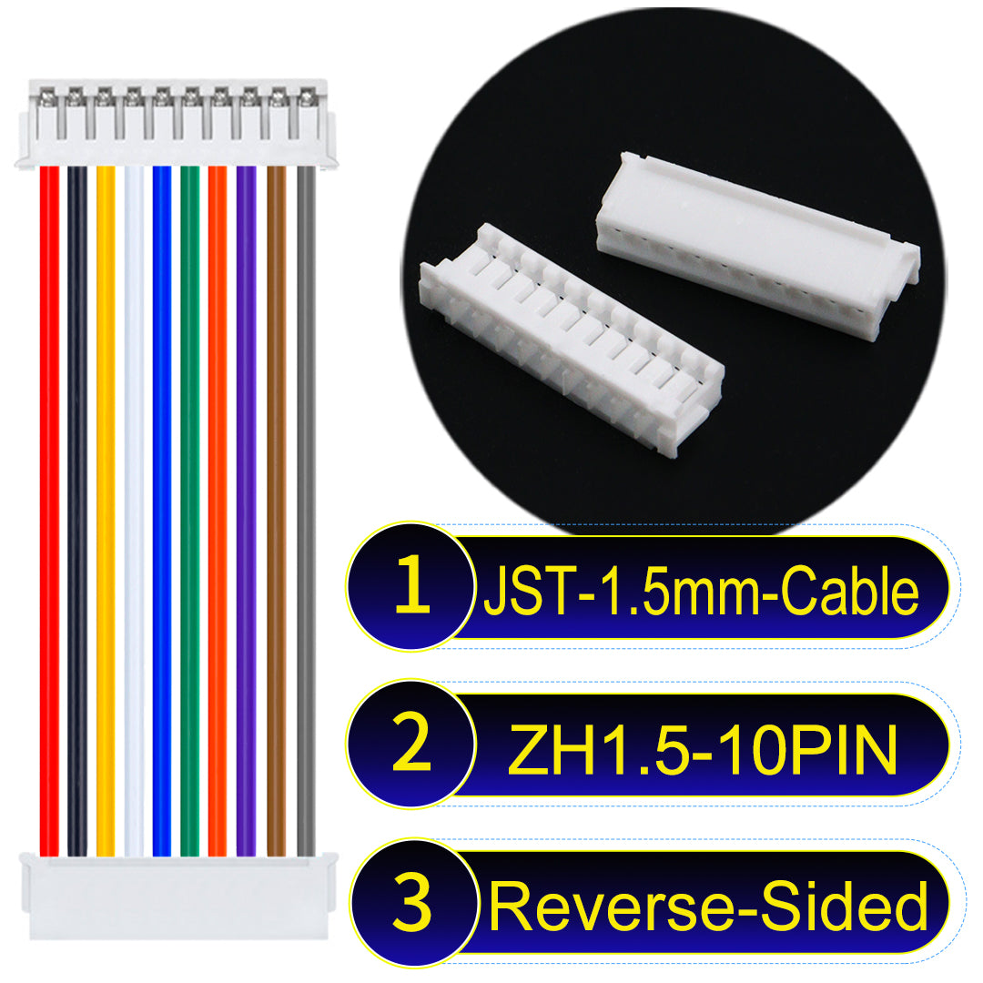 JST ZH 1.5mm 10Pin Reverse-Side-Head cable with 24awg copper wire and UL1007-certified PVC, suitable for home appliances, electrical equipment, and LED lighting.