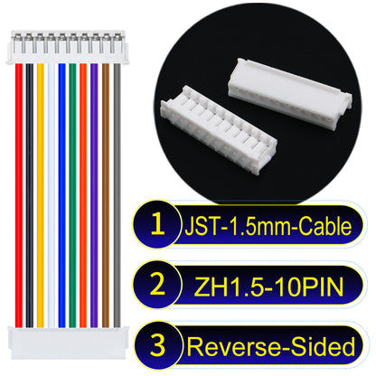 JST ZH 1.5mm 10Pin Reverse-Side-Head cable with 24awg copper wire and UL1007-certified PVC, suitable for home appliances, electrical equipment, and LED lighting.