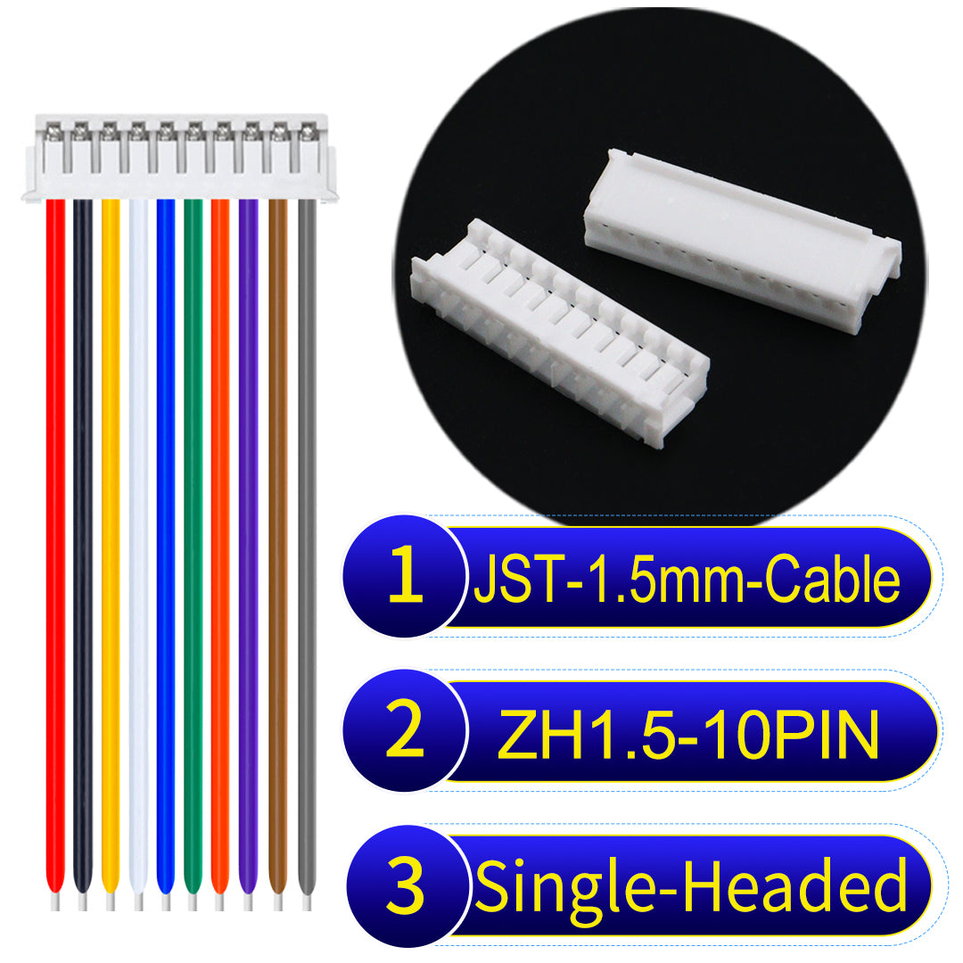 JST ZH 1.5mm 10Pin single-headed cable with 24awg copper wire and UL1007-certified PVC, suitable for home appliances, electrical equipment, and LED lighting.