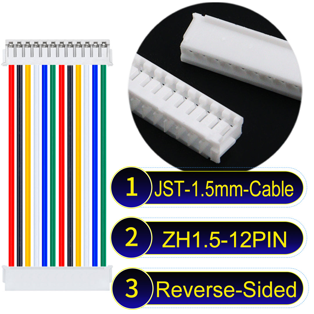 JST ZH 1.5mm 12Pin Reverse-Side-Head cable with 24awg copper wire and UL1007-certified PVC, suitable for home appliances, electrical equipment, and LED lighting.