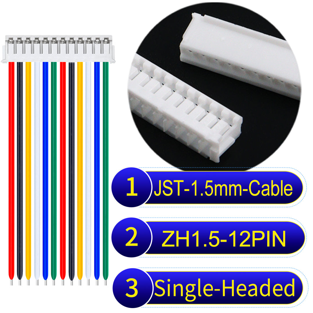 JST ZH 1.5mm 12Pin single-headed cable with 24awg copper wire and UL1007-certified PVC, suitable for home appliances, electrical equipment, and LED lighting.
