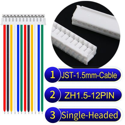 JST ZH 1.5mm 12Pin single-headed cable with 24awg copper wire and UL1007-certified PVC, suitable for home appliances, electrical equipment, and LED lighting.