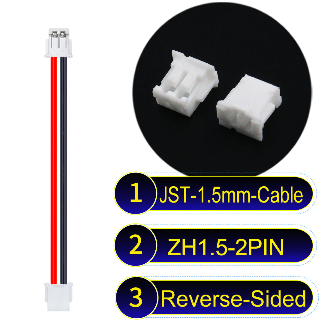 JST ZH 1.5mm 2Pin Reverse-Side-Head cable with 24awg copper wire and UL1007-certified PVC, suitable for home appliances, electrical equipment, and LED lighting.