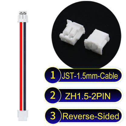 JST ZH 1.5mm 2Pin Reverse-Side-Head cable with 24awg copper wire and UL1007-certified PVC, suitable for home appliances, electrical equipment, and LED lighting.