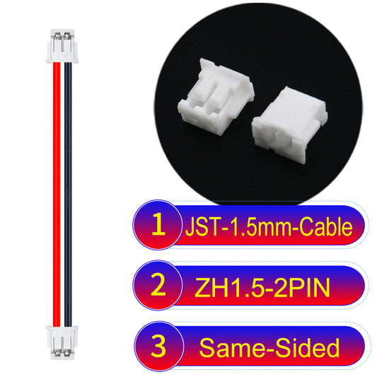 JST ZH 1.5mm 2Pin Same-Side-Head cable with 24awg copper wire and UL1007-certified PVC, suitable for home appliances, electrical equipment, and LED lighting.