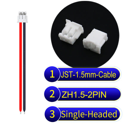 JST ZH 1.5mm 2Pin single-headed cable with 24awg copper wire and UL1007-certified PVC, suitable for home appliances, electrical equipment, and LED lighting.