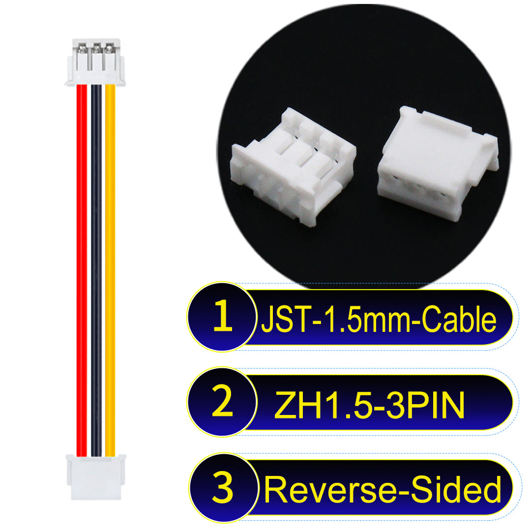JST ZH 1.5mm 3Pin Reverse-Side-Head cable with 24awg copper wire and UL1007-certified PVC, suitable for home appliances, electrical equipment, and LED lighting.