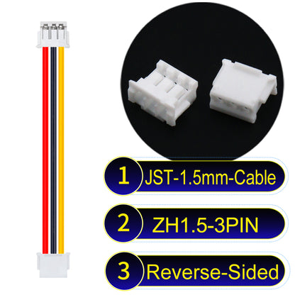 JST ZH 1.5mm 3Pin Reverse-Side-Head cable with 24awg copper wire and UL1007-certified PVC, suitable for home appliances, electrical equipment, and LED lighting.