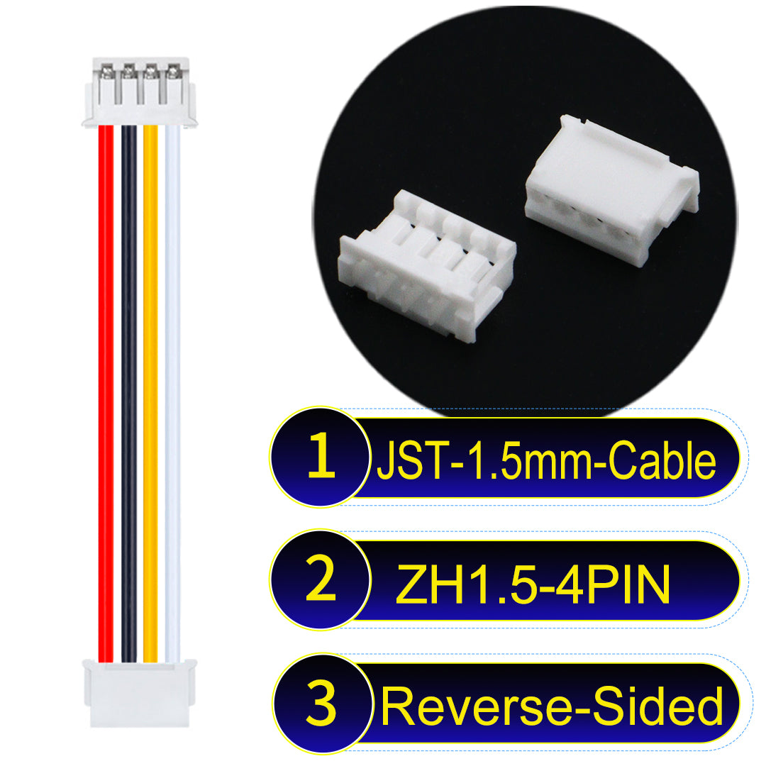 JST ZH 1.5mm 4Pin Reverse-Side-Head cable with 24awg copper wire and UL1007-certified PVC, suitable for home appliances, electrical equipment, and LED lighting.