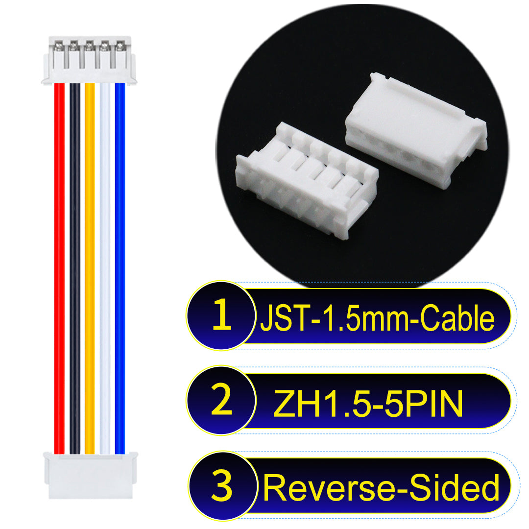JST ZH 1.5mm 5Pin Reverse-Side-Head cable with 24awg copper wire and UL1007-certified PVC, suitable for home appliances, electrical equipment, and LED lighting.