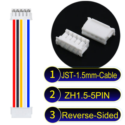 JST ZH 1.5mm 5Pin Reverse-Side-Head cable with 24awg copper wire and UL1007-certified PVC, suitable for home appliances, electrical equipment, and LED lighting.