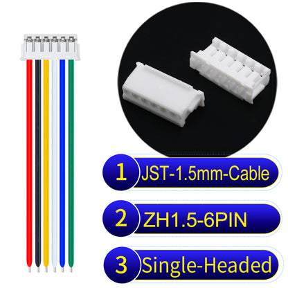 JST ZH 1.5mm 6Pin single-headed cable with 24awg copper wire and UL1007-certified PVC, suitable for home appliances, electrical equipment, and LED lighting.