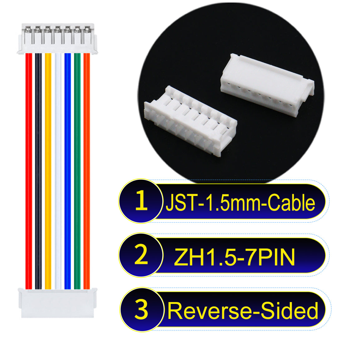 JST ZH 1.5mm 7Pin Reverse-Side-Head cable with 24awg copper wire and UL1007-certified PVC, suitable for home appliances, electrical equipment, and LED lighting.