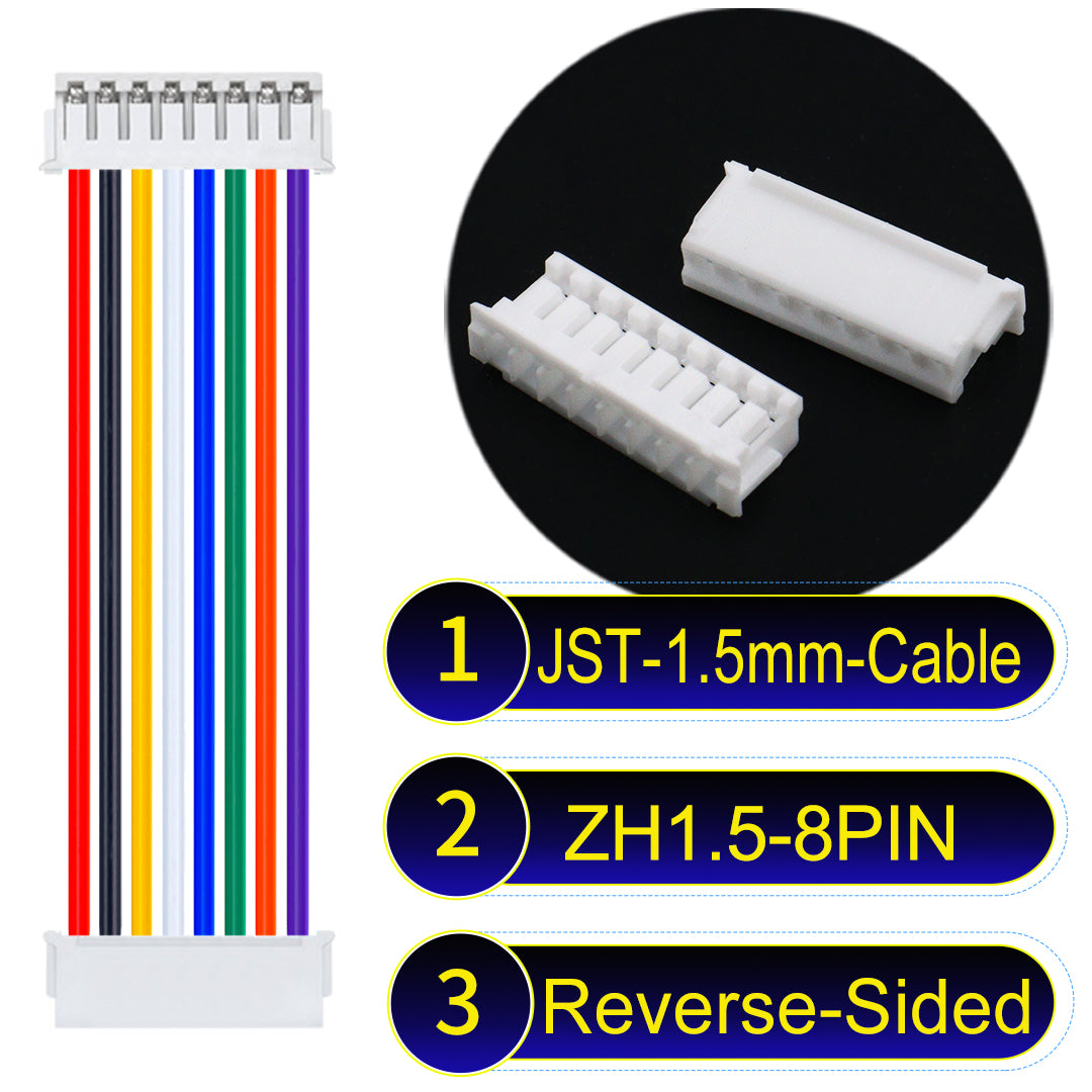 JST ZH 1.5mm 8Pin Reverse-Side-Head cable with 24awg copper wire and UL1007-certified PVC, suitable for home appliances, electrical equipment, and LED lighting.