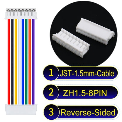 JST ZH 1.5mm 8Pin Reverse-Side-Head cable with 24awg copper wire and UL1007-certified PVC, suitable for home appliances, electrical equipment, and LED lighting.