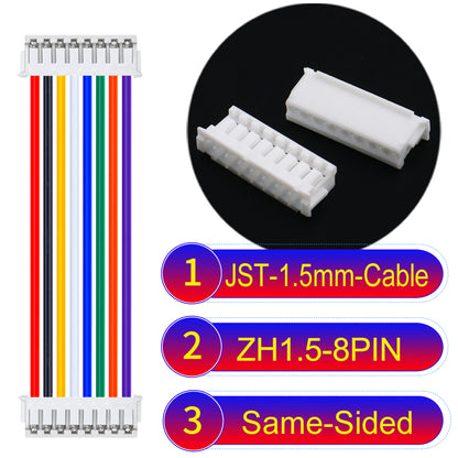 JST ZH 1.5mm 8Pin Same-Side-Head cable with 24awg copper wire and UL1007-certified PVC, suitable for home appliances, electrical equipment, and LED lighting.