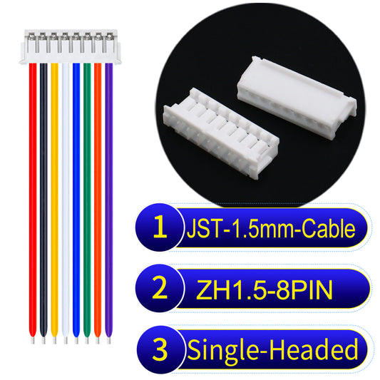 JST ZH 1.5mm 8Pin single-headed cable with 24awg copper wire and UL1007-certified PVC, suitable for home appliances, electrical equipment, and LED lighting.