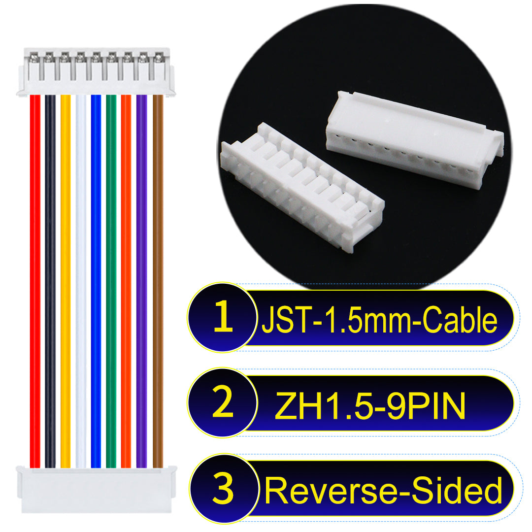 JST ZH 1.5mm 9Pin Reverse-Side-Head cable with 24awg copper wire and UL1007-certified PVC, suitable for home appliances, electrical equipment, and LED lighting.