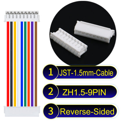 JST ZH 1.5mm 9Pin Reverse-Side-Head cable with 24awg copper wire and UL1007-certified PVC, suitable for home appliances, electrical equipment, and LED lighting.