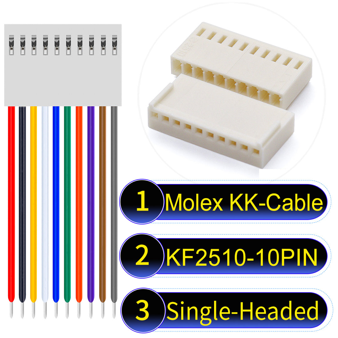 Molex KK-Cable KF2510 10Pin Single-Headed 2.5mm UL1007 PVC Cable with 22AWG wire gauge.
