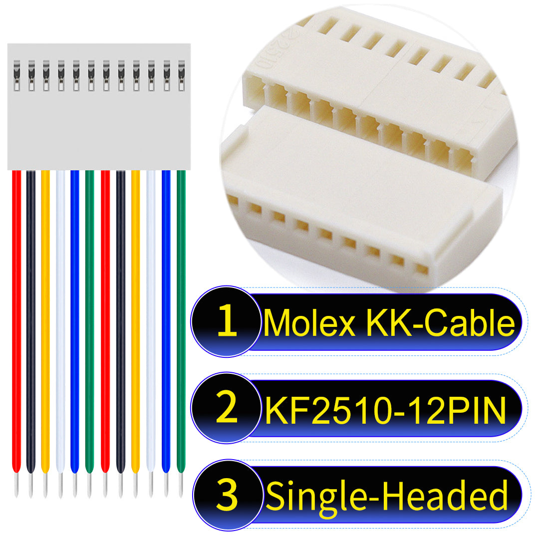 Molex KK-Cable KF2510 12Pin Single-Headed 2.5mm UL1007 PVC Cable with 22AWG wire gauge.