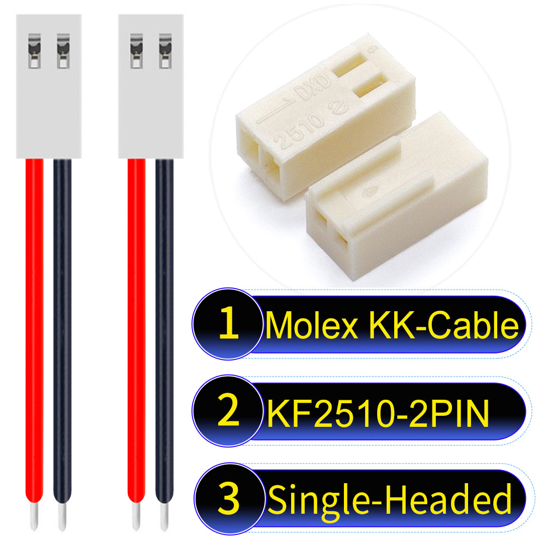 Molex KK-Cable KF2510 2Pin Single-Headed 2.5mm UL1007 PVC Cable with 22AWG wire gauge.