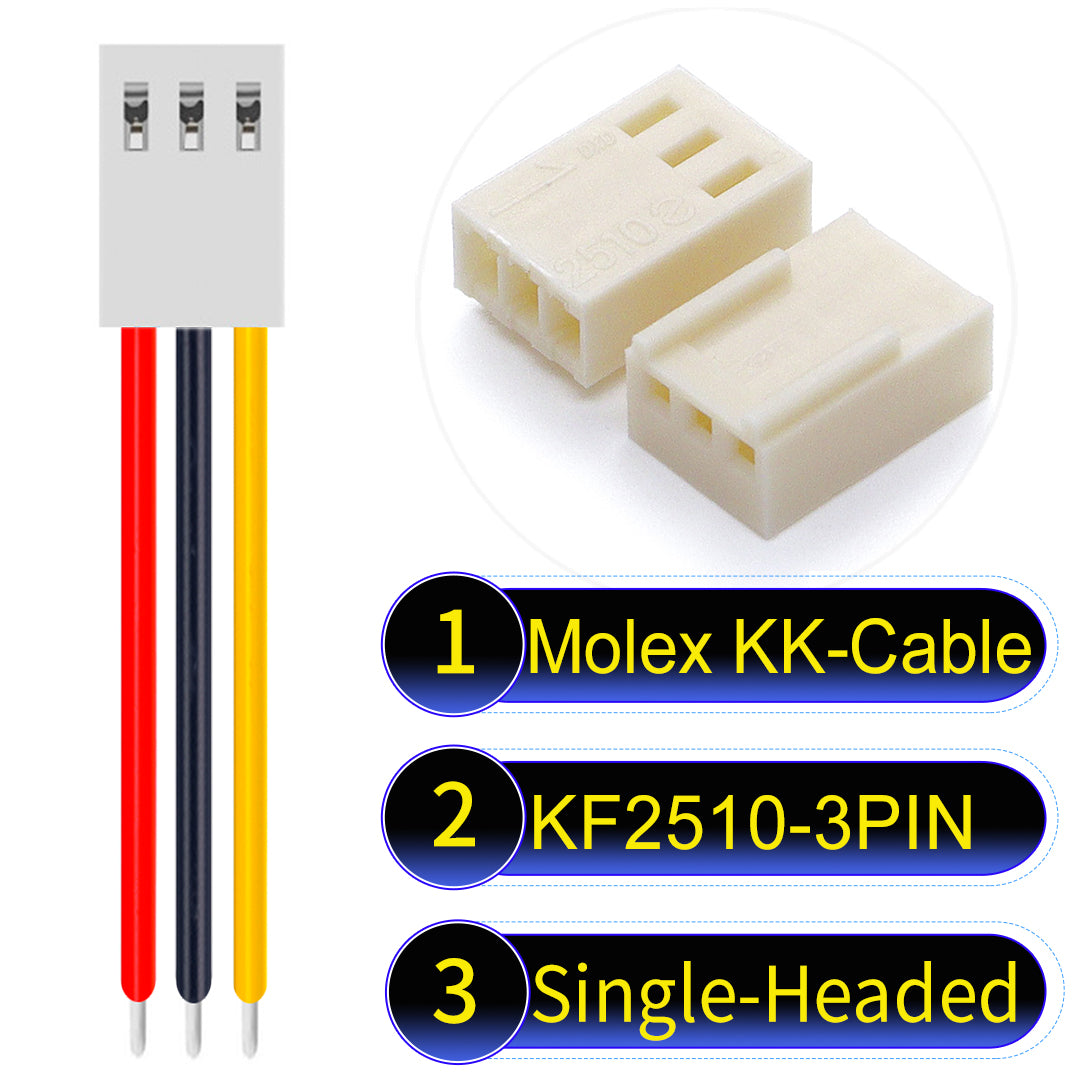 Molex KK-Cable KF2510 3Pin Single-Headed 2.5mm UL1007 PVC Cable with 22AWG wire gauge.