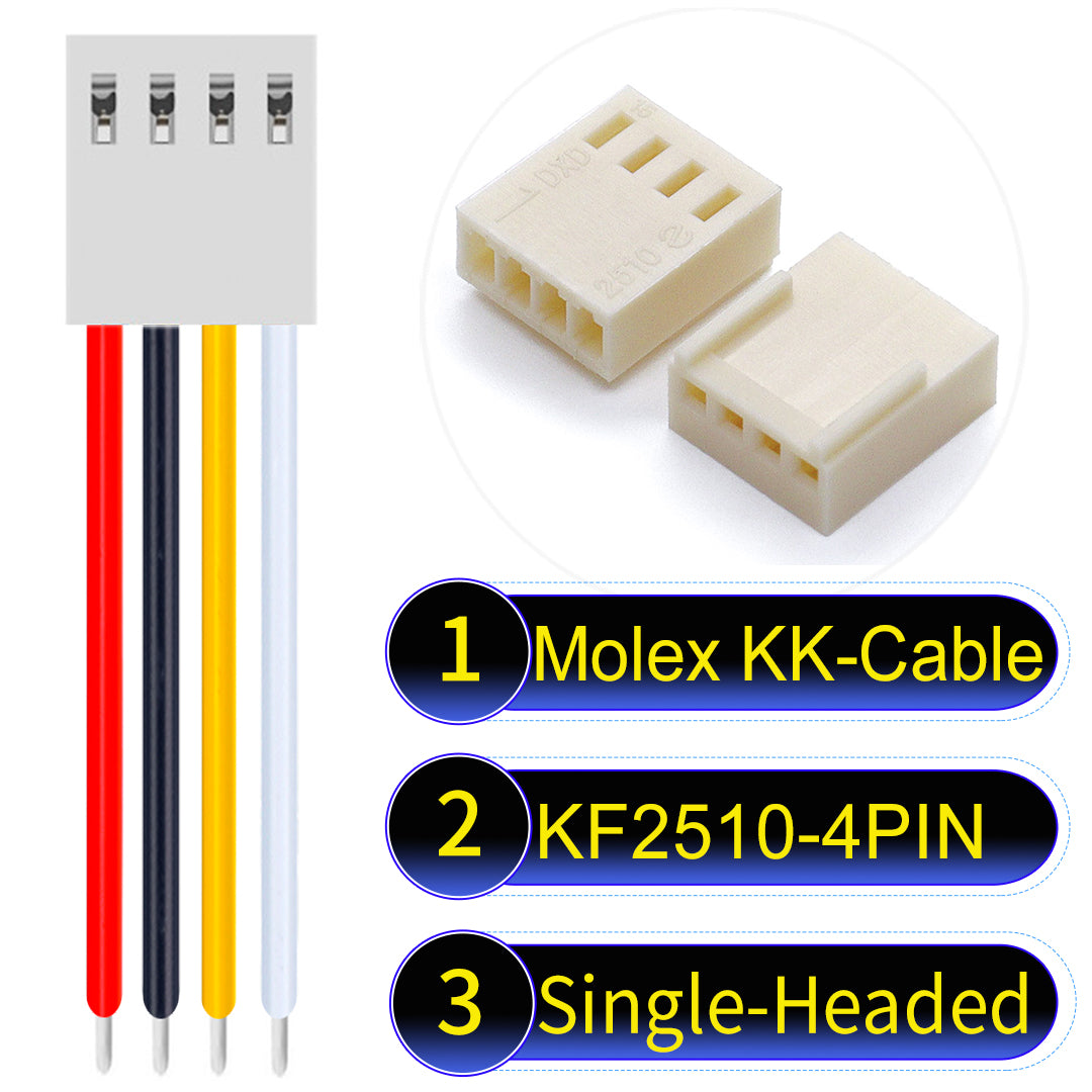 Molex KK-Cable KF2510 4Pin Single-Headed 2.5mm UL1007 PVC Cable with 22AWG wire gauge.