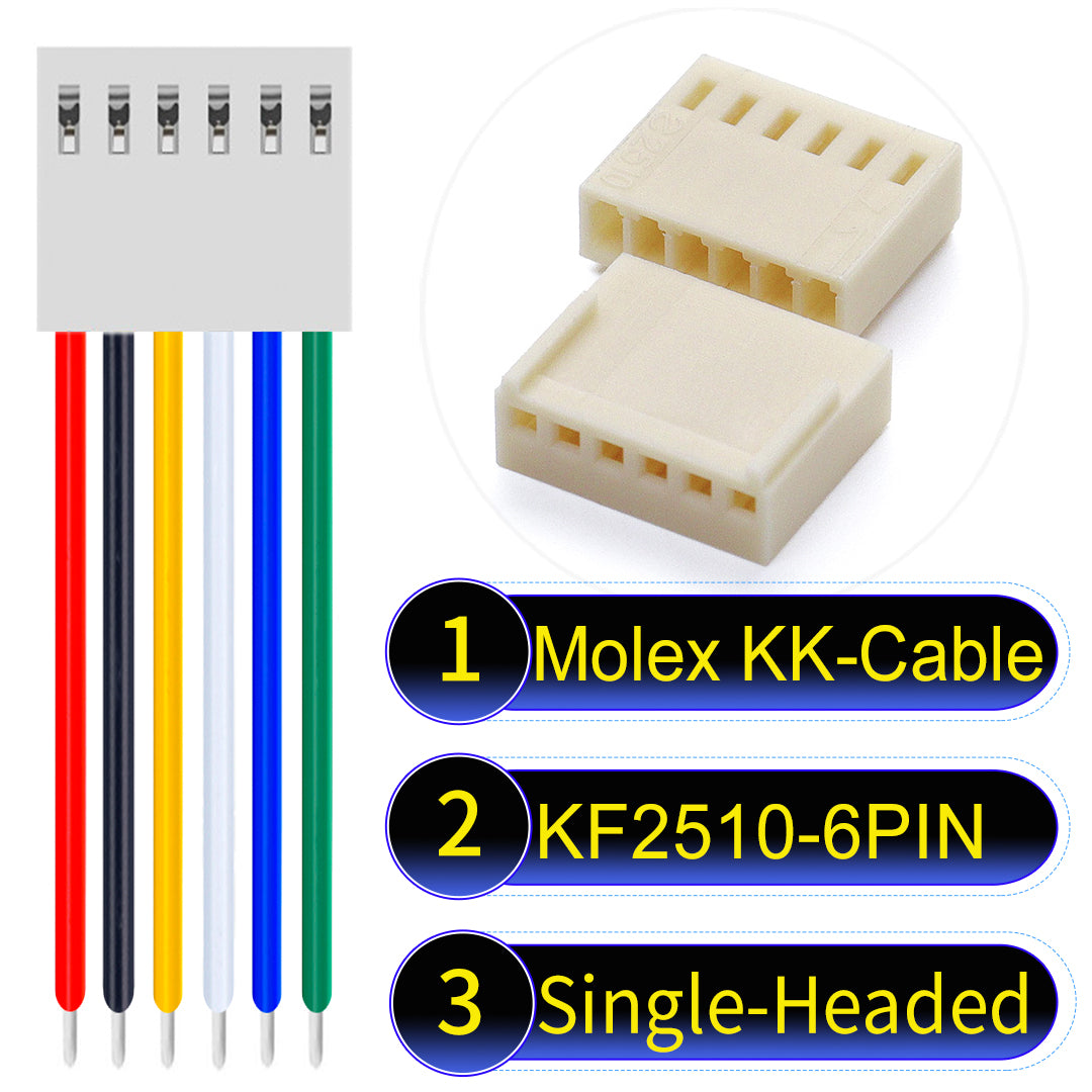 Molex KK-Cable KF2510 6Pin Single-Headed 2.5mm UL1007 PVC Cable with 22AWG wire gauge.