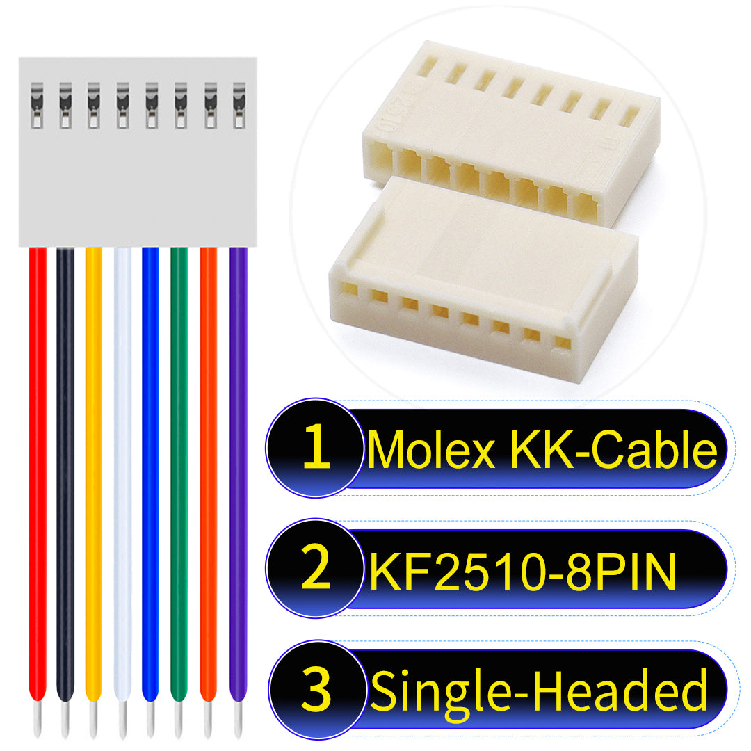 Molex KK-Cable KF2510 8Pin Single-Headed 2.5mm UL1007 PVC Cable with 22AWG wire gauge.