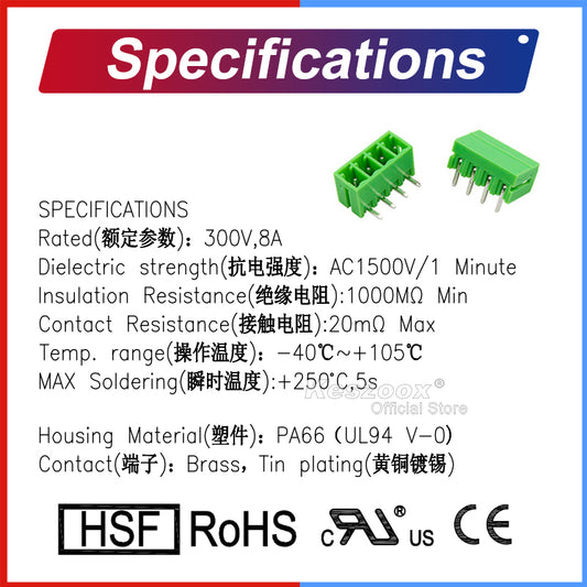 Specifications of KF2EDGR-3.5 terminal block including 300V/8A rating, AC1500V dielectric strength, PA66 housing, RoHS compliant, tin-plated brass contacts.