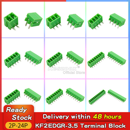 Overview of KF2EDGR-3.5 PCB terminal blocks with 2 to 24 positions, green PA66 housing, right-angle pin configuration, suitable for wire-to-board applications.