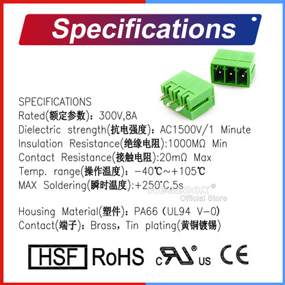 Technical specifications for KF2EDGV-3.5 terminal blocks, including 300V/8A rating, PA66 housing, brass contacts, UL94 V-0 flammability rating, and RoHS compliance.