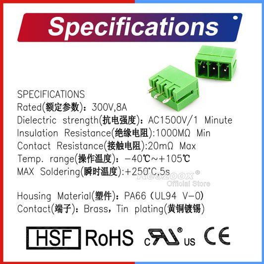 Technical specifications for KF2EDGV-3.5 terminal blocks, including 300V/8A rating, PA66 housing, brass contacts, UL94 V-0 flammability rating, and RoHS compliance.