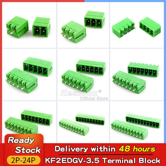 A complete selection of KF2EDGV-3.5 PCB terminal blocks from 2 to 24 positions, green housing, available for immediate delivery.