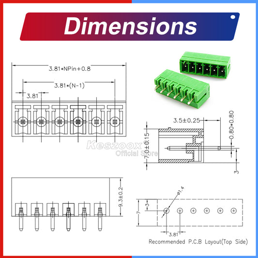 Dimensional drawing of the KF2EDGV-3.81 terminal block with pitch 3.5 mm, showing pin spacing, mounting holes, and recommended PCB layout.