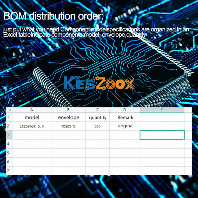 Keszoox BOM distribution order service — Excel spreadsheet BOM format: column A model part number LM2596SX-5.0 DC-DC buck converter, column B envelope package TO263-5, column C quantity 500 pieces, column D remark original — submit BOM list with component model package quantity for immediate quote and consolidated shipment — one-stop electronic component procurement service