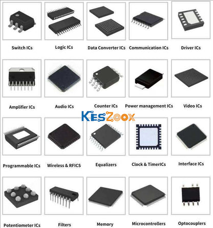 Keszoox IC chip full category catalog — 20 integrated circuit types in stock: Switch ICs, Logic ICs SOIC-20, Data Converter ICs BGA ADC DAC, Communication ICs RS-485 CAN USB, Driver ICs gate motor LED, Amplifier ICs op-amp, Audio ICs codec DSP, Counter ICs, Power Management ICs LDO DC-DC PMIC, Video ICs, Programmable ICs CPLD FPGA, Wireless RF ICs Bluetooth WiFi LoRa, Equalizers, Clock Timer ICs RTC PLL, Interface ICs I2C SPI GPIO, Potentiometer ICs digital, Filters active switched-capacitor, Memory EEPROM 