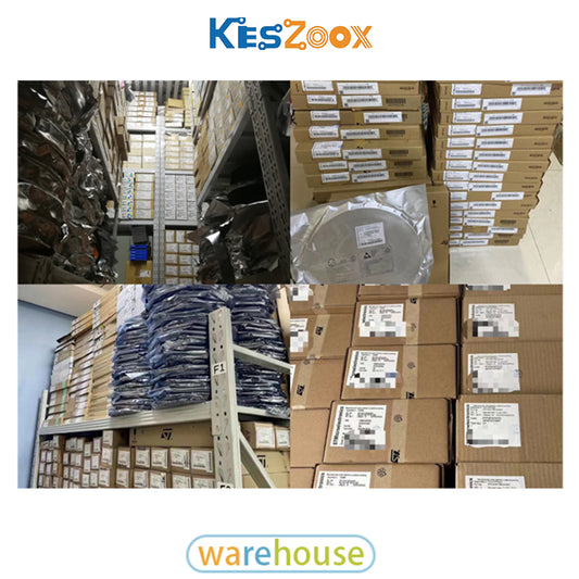 Keszoox warehouse electronic component spot stock — 4-panel warehouse photo: metal shelving racks with anti-static moisture-barrier bags IC chips semiconductors, SMD tape reel MLCC capacitors resistors, connector tube packaging IDC pin header, original manufacturer cardboard boxes stacked Infineon NXP ST branded cartons — large inventory warehouse ready for immediate dispatch worldwide
