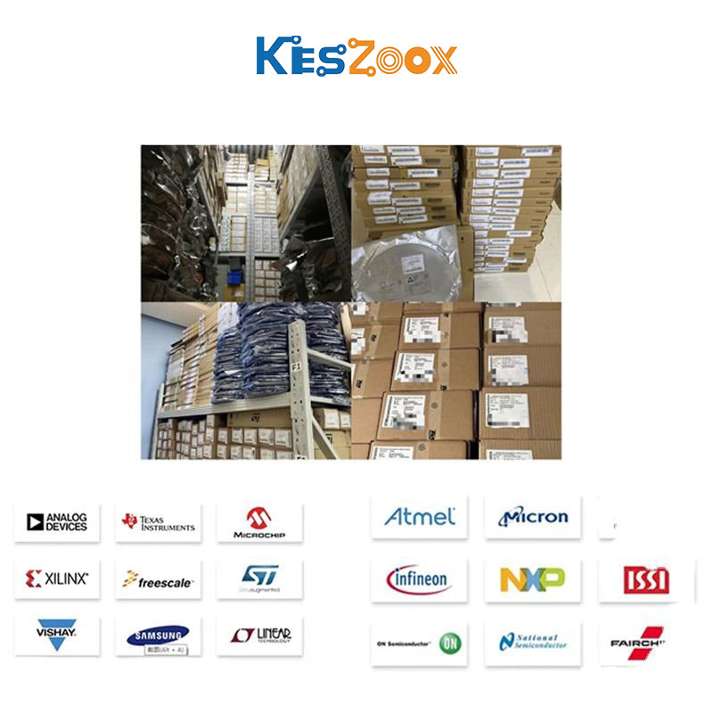 Keszoox warehouse stock and authorized brand partners — warehouse 4-panel IC chip shelving SMD tape reels connector tubes original brand cartons — 15 authorized semiconductor brands: Analog Devices TI Texas Instruments Microchip Atmel Micron Xilinx Freescale STMicroelectronics Infineon NXP ISSI Vishay Samsung Linear Technology ON Semiconductor National Semiconductor Fairchild — all brands in stock authorized supply chain
